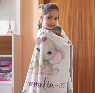 Your Minor Will Love to Wrap Up Himself in The Hot Hug of This Cute Little Elephant and Customized Name Blanket, for Kids Preschooler, Birthday Christmas, Soft Fussy Throw Blanket