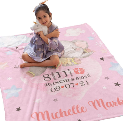 Gift Your Kid The Cute Little Elephant Blanket with Custom Name Date Height Weight Time, Present for Toddlers, Christmas, Birthday, Children's Day, Supper Soft Warm Cozy Fleece Blanket