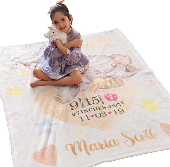 Cherish Your Child's Milestones with a Personalized Little Elephant Blanket – Custom Name, Date, Height, Weight, Time | Perfect for Toddlers, Christmas, Birthdays, Children's Day | Soft and Warm Fuzzy Blanket