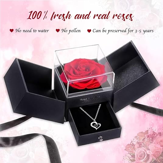 Preserved Red Real Rose- With I Love You In 100 Languages Heart Necklace - Eternal Forever Flower Preserved - Jewelry Gifts For Her Valentine's Day, Women's Day, Birthday & Special Occasions