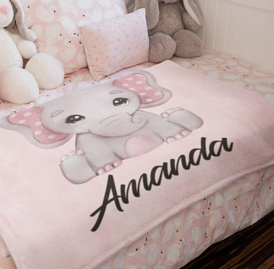 Customized Kids Blanket with A Cute Smiling Elephant with Custom Name, Gift for Your Lovely Kid, Grandkid, Preschooler, On Christmas, Birthday, Children's Day, Soft Fussy Blanket