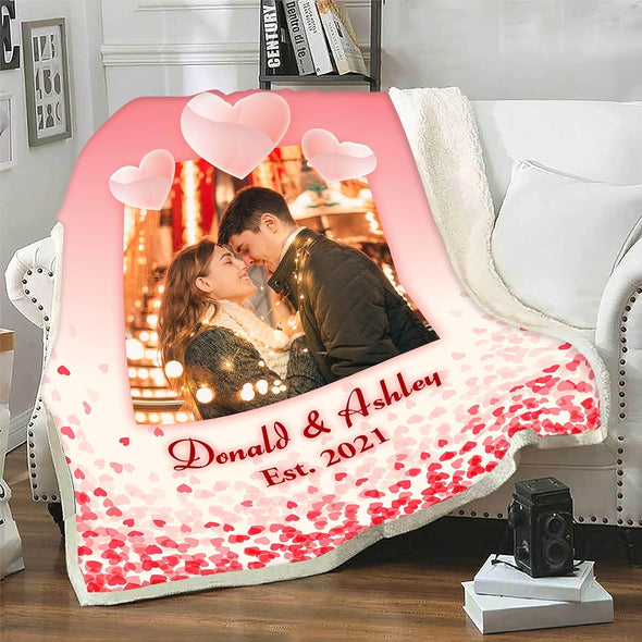 Customized Name, Est and Photo Blanket for Couples from Family, Friends, Romantic Couple Gift for Anniversary, Valentines, Birthday, Christmas, Thanksgiving Proudly Shipped from USA Sherpa, Fleece Blanket