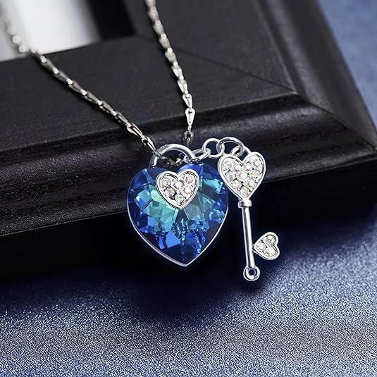 Premium Heart Lock Key Pendant Necklace | Crystal Heart Necklace For Girlfriend Silver Necklace | Birthday Christmas Valentine's Mothers Day Jewelry Gifts For Girls | Gift for Women/Sister/Wife/Girlfriend