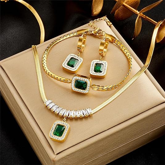 Necklace Set With Square Shaped Green Emerald, Gift Set for Women, 3 pcs Emerald Jewelry Set, With Necklace/Bracelet/Earrings, Women's Day Birthday Wedding, Gift for Brides Mom Wife Etc.
