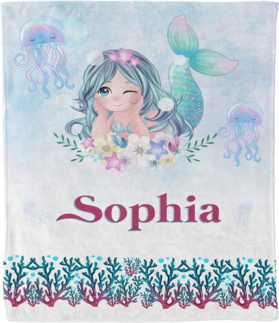 Customized Name Blanket for Kids, Cartoon Mermaid Design from Family, Friends, Relatives, Gift for Birthday, Thanksgiving, Christmas, Festivals, Proudly Shipped from USA Fleece or Sherpa Blanket