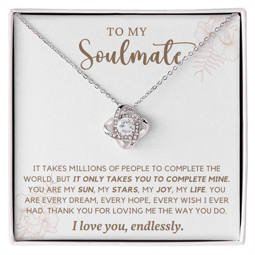 TO MY SOULMATE, LOVE KNOT AND NECKLACE WITH MESSAGE CARD, ANNIVERSARY AND BIRTHDAY GIFT FOR WIFE/GIRLFRIEND, UNIQUE GIFT FOR HER