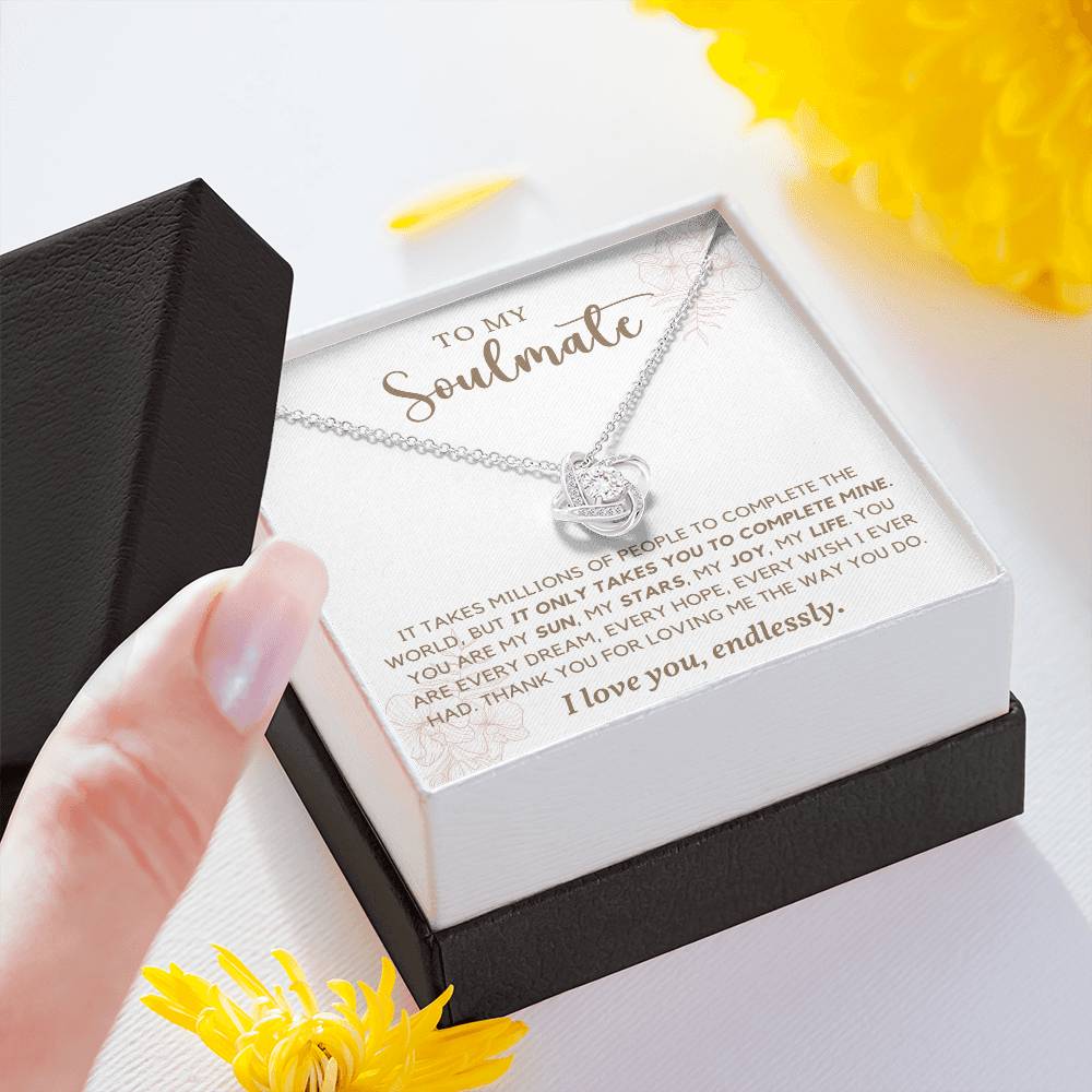 TO MY SOULMATE, LOVE KNOT AND NECKLACE WITH MESSAGE CARD, ANNIVERSARY AND BIRTHDAY GIFT FOR WIFE/GIRLFRIEND, UNIQUE GIFT FOR HER