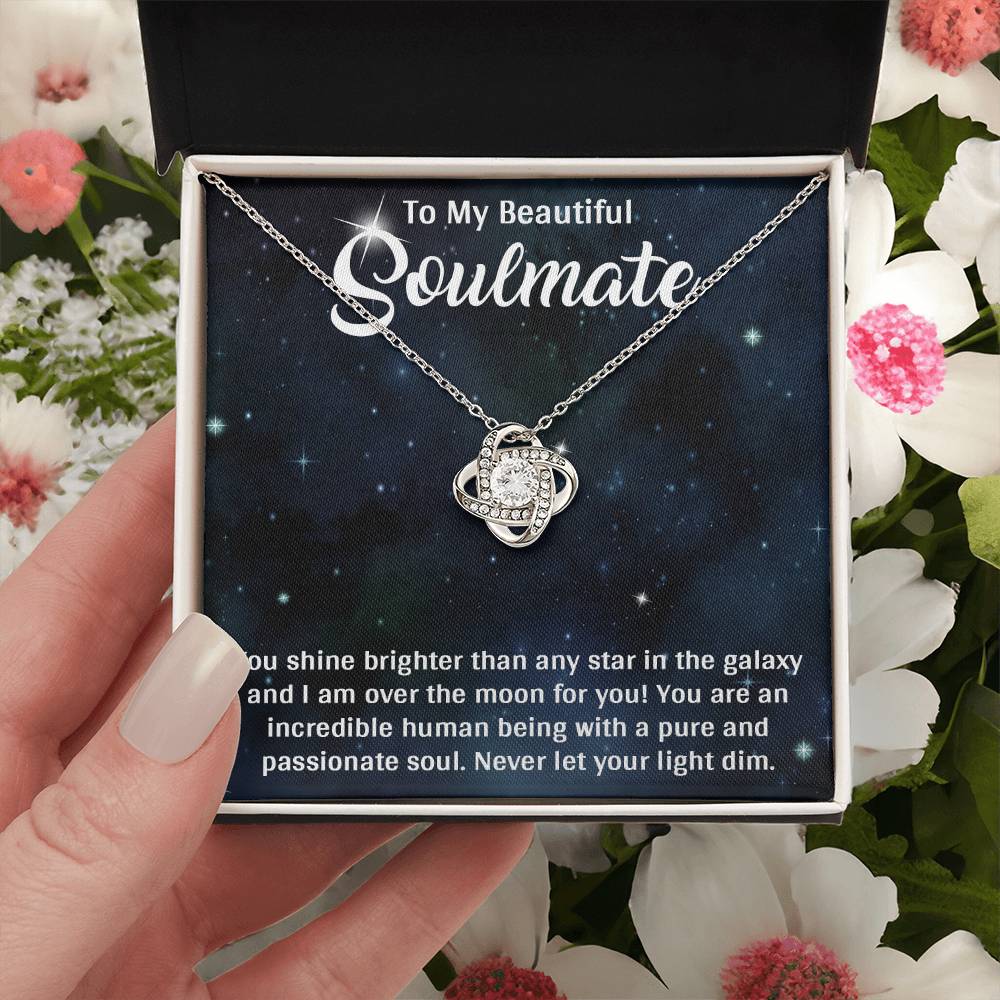 TO MY SOULMATE, LOVE KNOT NECKLACE, BEAUTIFUL GIFT FOR HER WITH MESSAGE CARD. BIRTHDAY AND ANNIVERSARY GIFT FOR HER, NECKLACE JWELERY