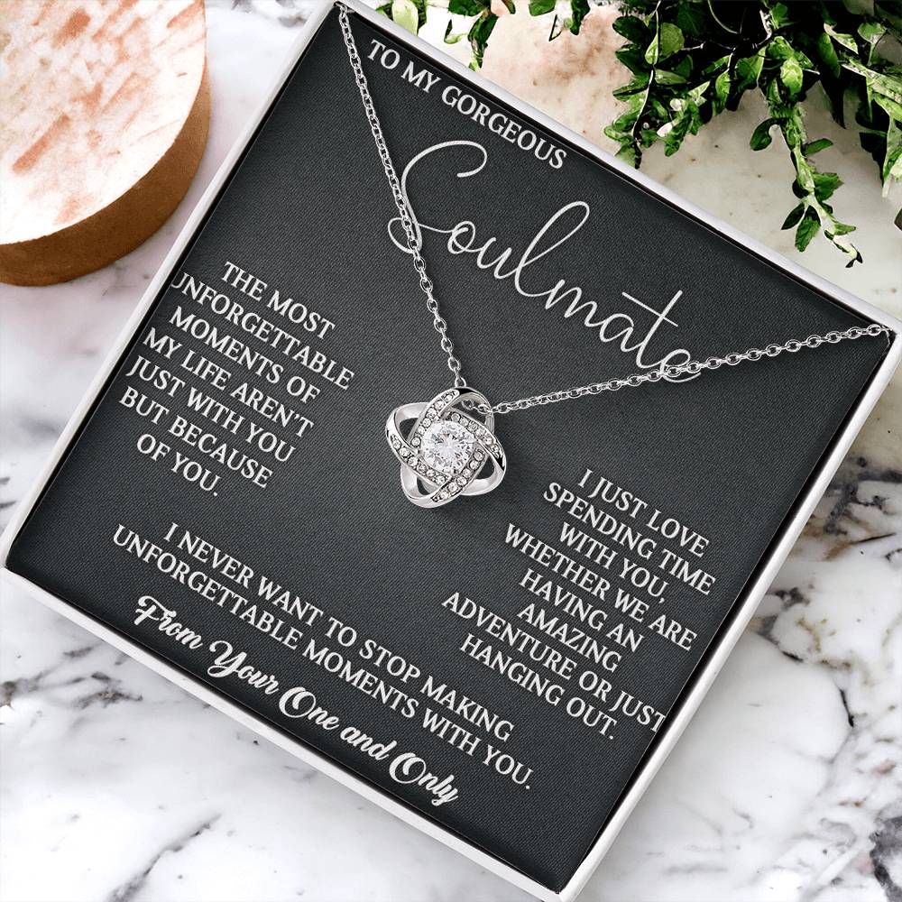 TO MY SOULMATE MESSAGE CARD FOR HER, LOVE KNOT NECKLACE, NECKLACE JEWELRY, JEWELRY FOR HER, BIRTHDAY AND ANNIVERSARY GIFT