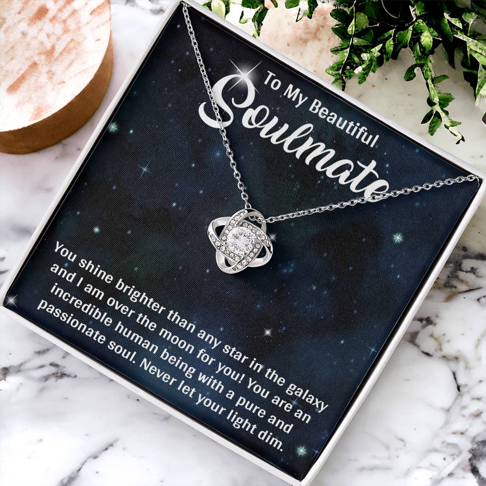 TO MY SOULMATE, LOVE KNOT NECKLACE, BEAUTIFUL GIFT FOR HER WITH MESSAGE CARD. BIRTHDAY AND ANNIVERSARY GIFT FOR HER, NECKLACE JWELERY
