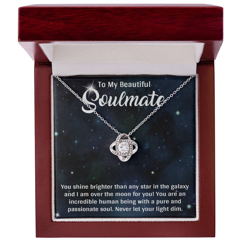 TO MY SOULMATE, LOVE KNOT NECKLACE, BEAUTIFUL GIFT FOR HER WITH MESSAGE CARD. BIRTHDAY AND ANNIVERSARY GIFT FOR HER, NECKLACE JWELERY