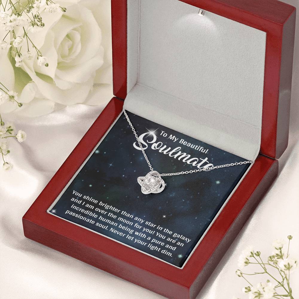 TO MY SOULMATE, LOVE KNOT NECKLACE, BEAUTIFUL GIFT FOR HER WITH MESSAGE CARD. BIRTHDAY AND ANNIVERSARY GIFT FOR HER, NECKLACE JWELERY