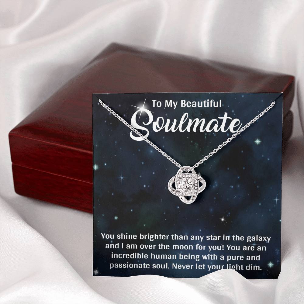 TO MY SOULMATE, LOVE KNOT NECKLACE, BEAUTIFUL GIFT FOR HER WITH MESSAGE CARD. BIRTHDAY AND ANNIVERSARY GIFT FOR HER, NECKLACE JWELERY