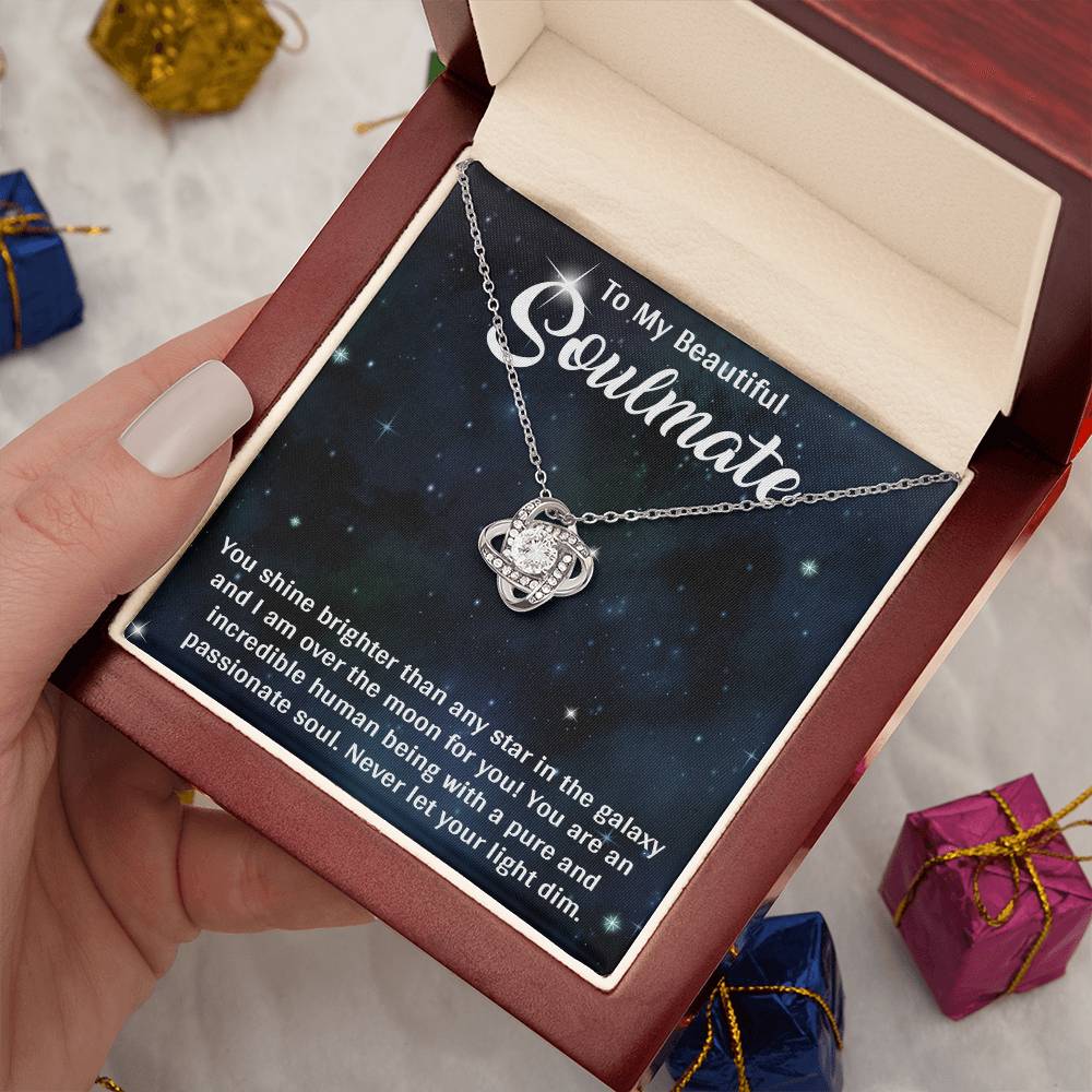 TO MY SOULMATE, LOVE KNOT NECKLACE, BEAUTIFUL GIFT FOR HER WITH MESSAGE CARD. BIRTHDAY AND ANNIVERSARY GIFT FOR HER, NECKLACE JWELERY