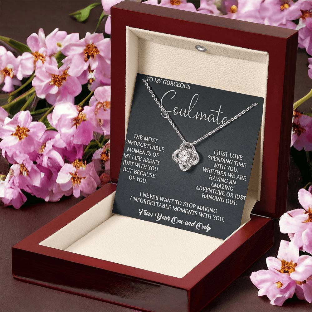 TO MY SOULMATE MESSAGE CARD FOR HER, LOVE KNOT NECKLACE, NECKLACE JEWELRY, JEWELRY FOR HER, BIRTHDAY AND ANNIVERSARY GIFT