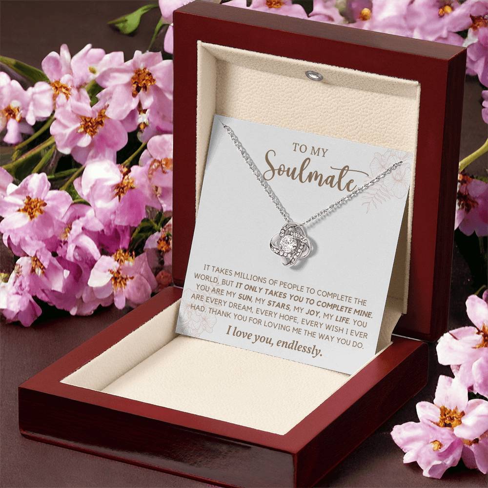 TO MY SOULMATE, LOVE KNOT AND NECKLACE WITH MESSAGE CARD, ANNIVERSARY AND BIRTHDAY GIFT FOR WIFE/GIRLFRIEND, UNIQUE GIFT FOR HER