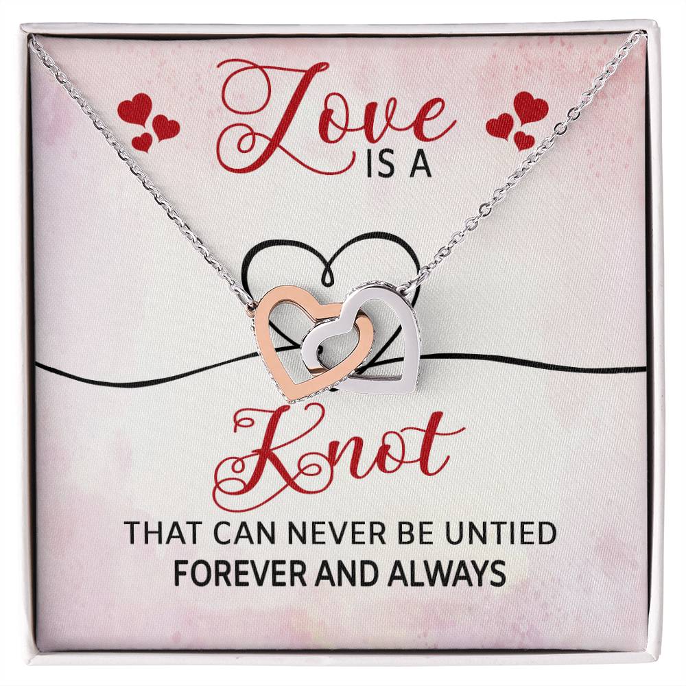 LOVE IS A KNOT, INTERLOCKING HEART NECKLACE, FOREVER AND ALWAYS, BIRTHDAY AND ANNIVERSARY GIFT FOR HER WITH MESSAGE CARD