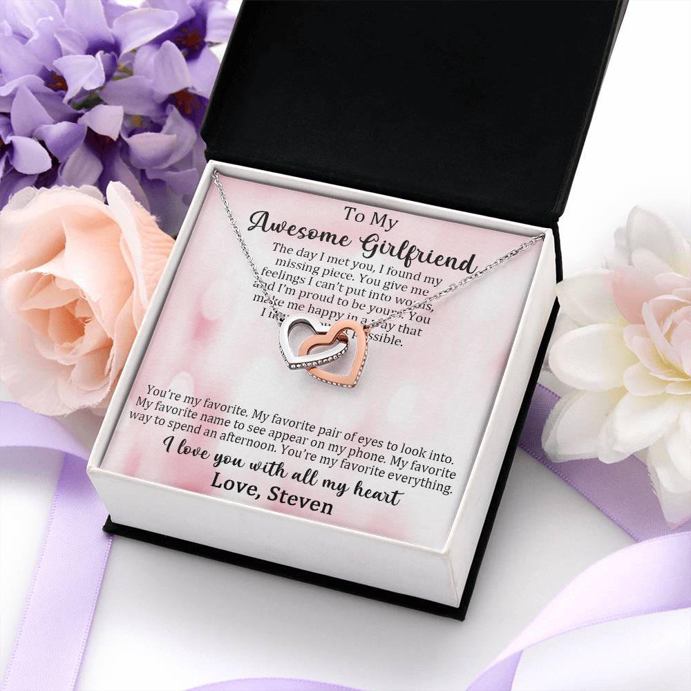 TO MY AWESOME GIRLFRIEND, I LOVE YOU WITH ALL MY HEART, INTERLOCKING HEART NECKLACE, MEANINGFUL MESSAGE CARD, GIFT FOR GIRLFRIEND