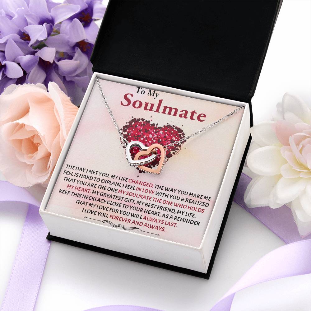 INTERLOCKING HEART NECKLACE WITH MESSAGE CARD, TO MY SOULMATE, NECKLACE JWELERY FOR HER BIRTHDAY AND ANNIVERSARY GIFT