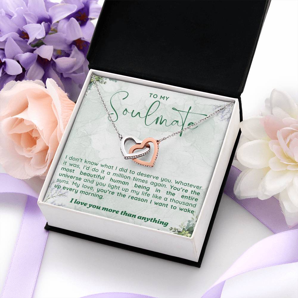 TO MY SOULMATE, INTERLOCKING HEART NECKLACE WITH MESSAGE CARD, UNIQUE GIFT FOR HER, BIRTHDAY, VALENTINE AND ANNIVERSAY GIFT FOR HER FROM HUSBAND/BOYFRIEND