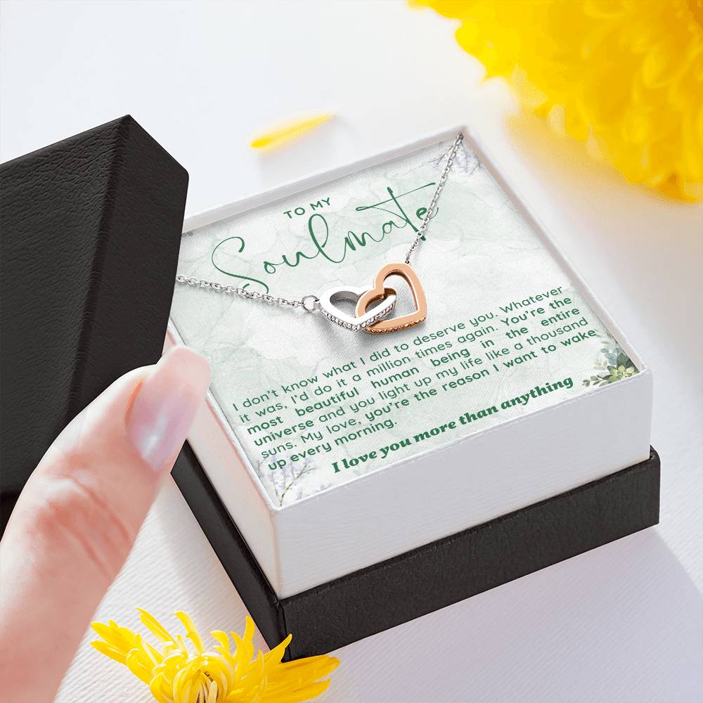 TO MY SOULMATE, INTERLOCKING HEART NECKLACE WITH MESSAGE CARD, UNIQUE GIFT FOR HER, BIRTHDAY, VALENTINE AND ANNIVERSAY GIFT FOR HER FROM HUSBAND/BOYFRIEND