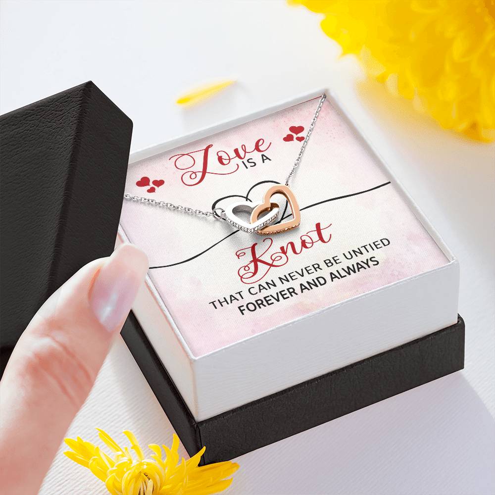 LOVE IS A KNOT, INTERLOCKING HEART NECKLACE, FOREVER AND ALWAYS, BIRTHDAY AND ANNIVERSARY GIFT FOR HER WITH MESSAGE CARD