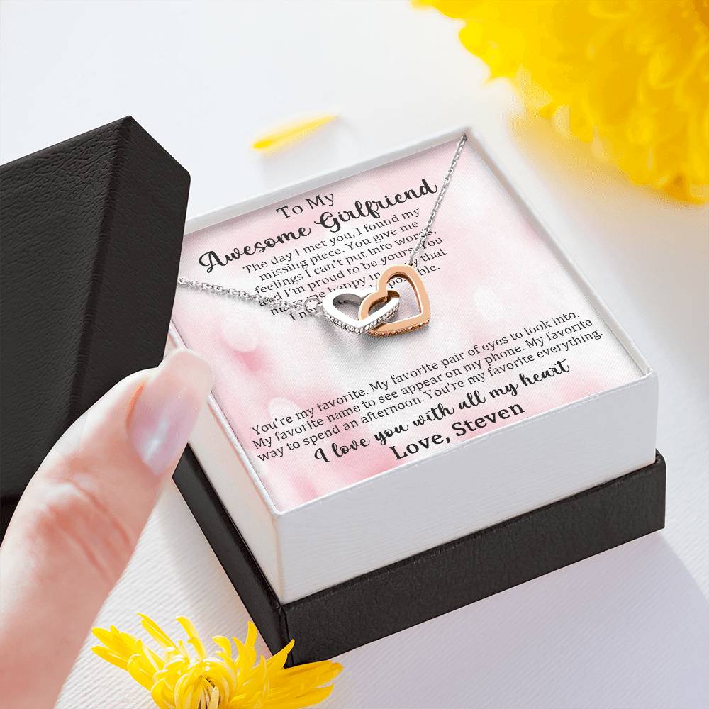 TO MY AWESOME GIRLFRIEND, I LOVE YOU WITH ALL MY HEART, INTERLOCKING HEART NECKLACE, MEANINGFUL MESSAGE CARD, GIFT FOR GIRLFRIEND