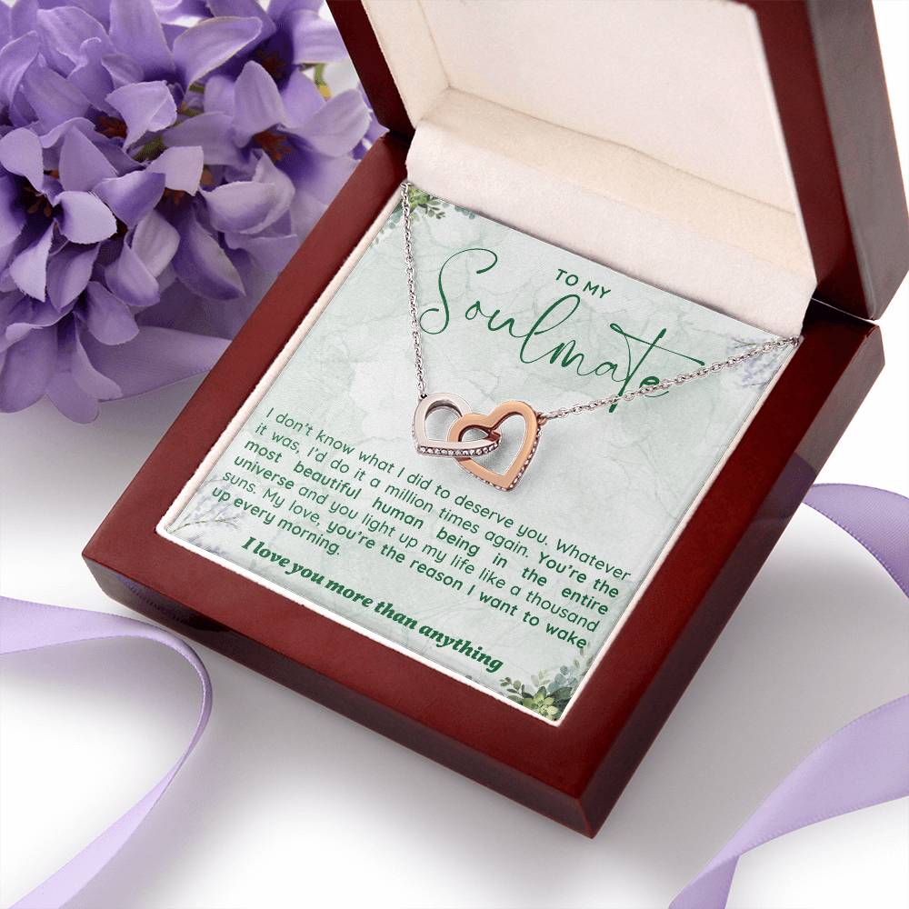 TO MY SOULMATE, INTERLOCKING HEART NECKLACE WITH MESSAGE CARD, UNIQUE GIFT FOR HER, BIRTHDAY, VALENTINE AND ANNIVERSAY GIFT FOR HER FROM HUSBAND/BOYFRIEND