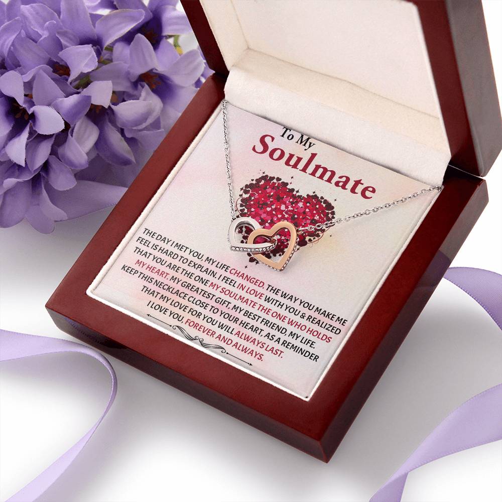 INTERLOCKING HEART NECKLACE WITH MESSAGE CARD, TO MY SOULMATE, NECKLACE JWELERY FOR HER BIRTHDAY AND ANNIVERSARY GIFT
