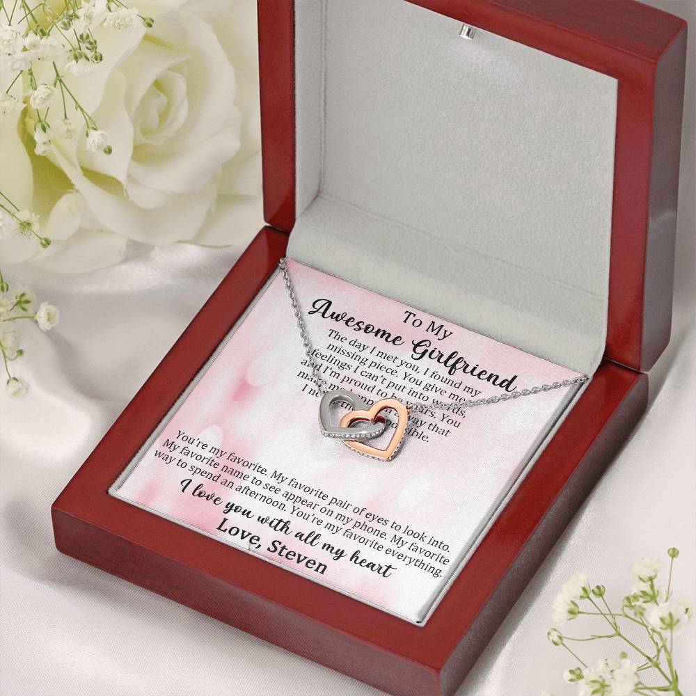 TO MY AWESOME GIRLFRIEND, I LOVE YOU WITH ALL MY HEART, INTERLOCKING HEART NECKLACE, MEANINGFUL MESSAGE CARD, GIFT FOR GIRLFRIEND