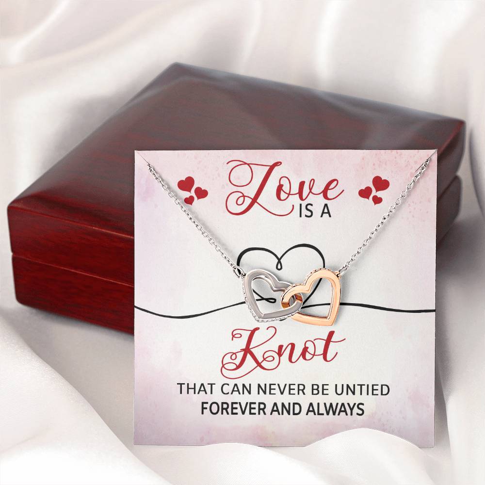LOVE IS A KNOT, INTERLOCKING HEART NECKLACE, FOREVER AND ALWAYS, BIRTHDAY AND ANNIVERSARY GIFT FOR HER WITH MESSAGE CARD
