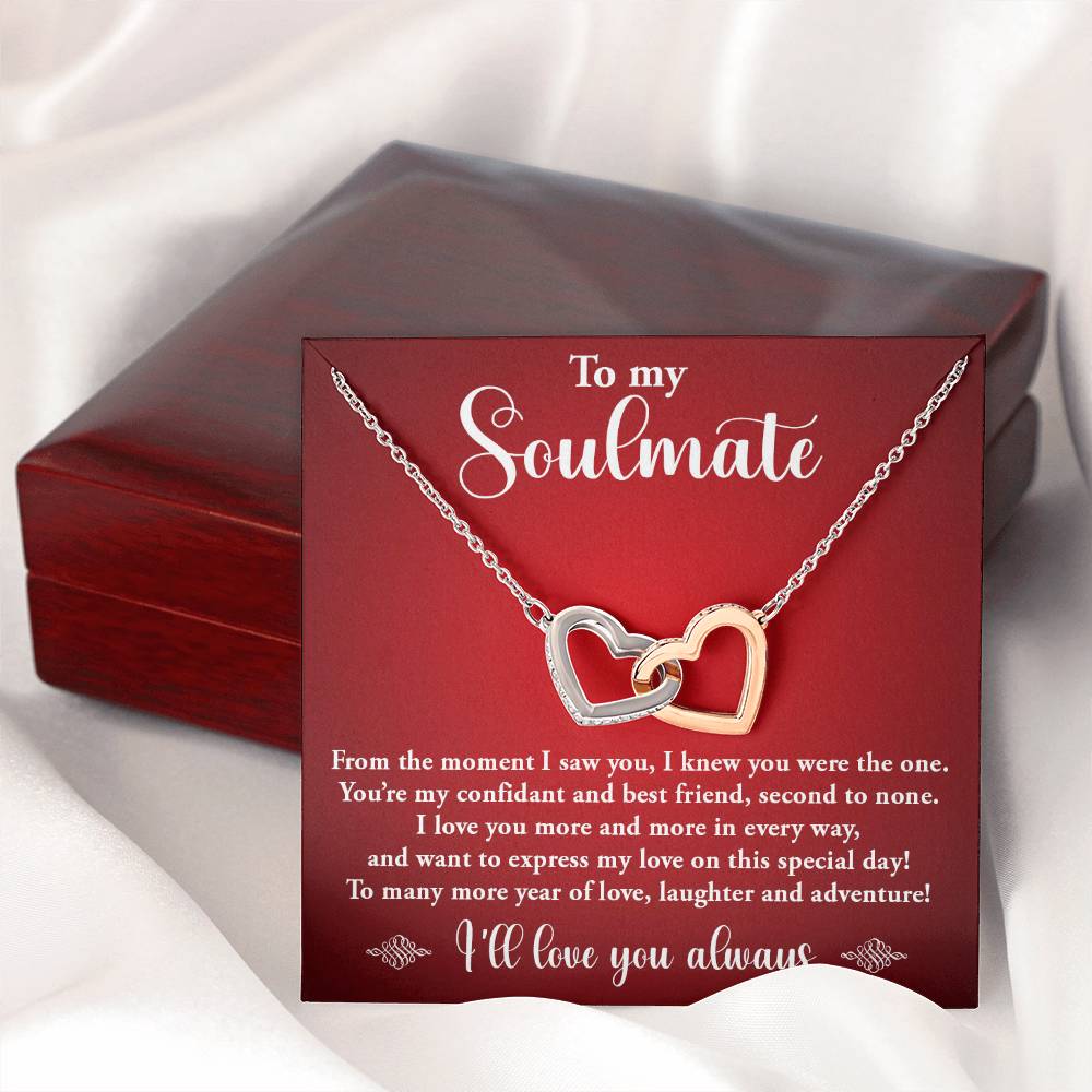 TO MY SOULMATE, I'LL LOVE YOU ALWAYS, INTERLOCKING HEART NECKLACE, BIRTHDAY AND ANNIVERSAY GIFT WITH MESSAGE CARD FOR HER