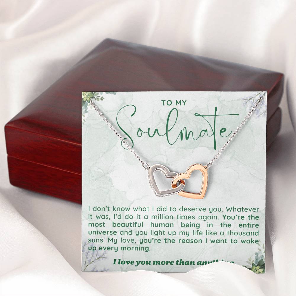 TO MY SOULMATE, INTERLOCKING HEART NECKLACE WITH MESSAGE CARD, UNIQUE GIFT FOR HER, BIRTHDAY, VALENTINE AND ANNIVERSAY GIFT FOR HER FROM HUSBAND/BOYFRIEND