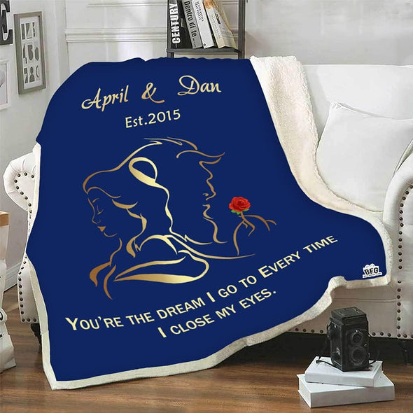 LOVE STORY UNFOLDED: BEAUTY AND BEAST BLANKET WITH CUSTOM COUPLES NAMES & EST. DATE - IDEAL FOR BIRTHDAY, ANNIVERSARY, AND VALENTINE'S DAY - GIFT FOR HIM/HER