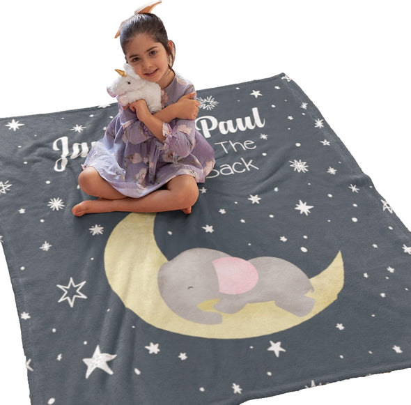 Happy Sleep Customized Star Moon and Sleeping Elephant Throw Blanket with Custom Name, Gift for Toddlers, Preschooler, On Christmas, Birthday, Children's Day, Soft Fussy Blanket