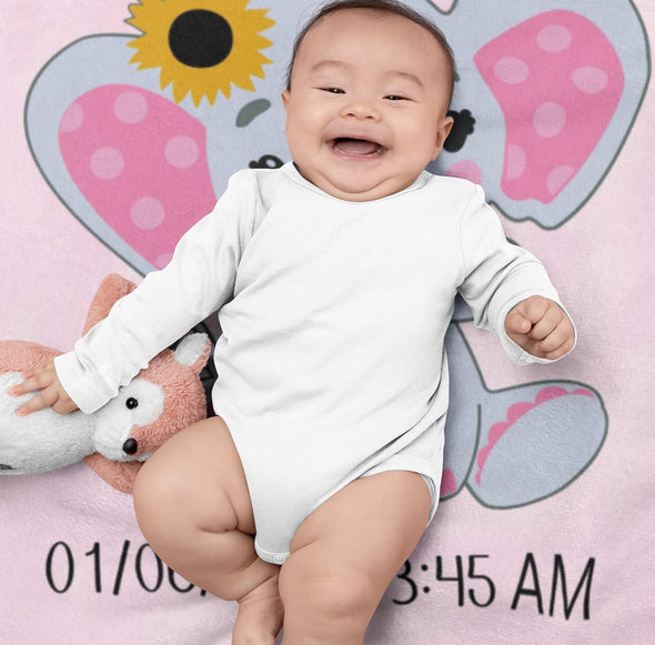 Cute Little Elephant Personalized Gift, Customized Date Time Weight, for Your Kids Grandkids Toddlers, Christmas, Birthday, Children's Day, Light Weight, Soft Fleece Throw Blanket
