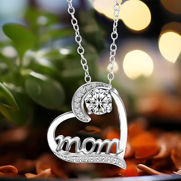 925 Sterling Silver Heart Mom Necklace for Women - Celebrate Women's Day with Mom, Elegant Cubic Zirconia Pendant, Ideal for Mother's Day & Birthdays