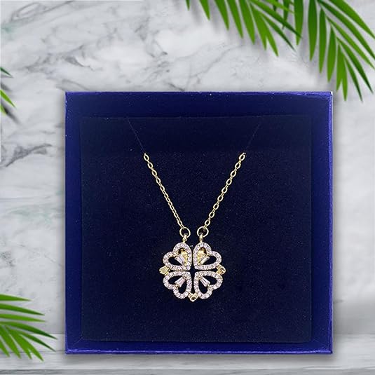 Foldable 4-Leaf Clover Necklace - Stainless Steel, 18k Gold Plated | Ideal Gift for Women's Birthday, Women's Day, Christmas, Valentine's Day, Lucky Heart Pendant For Her