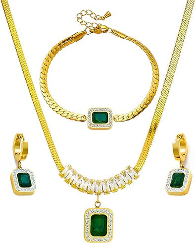 Necklace Set With Square Shaped Green Emerald, Gift Set for Women, 3 pcs Emerald Jewelry Set, With Necklace/Bracelet/Earrings, Women's Day Birthday Wedding, Gift for Brides Mom Wife Etc.
