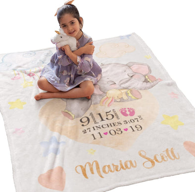 Make Memories Last: Personalized Little Elephant Blanket - Custom Name, Date, Height, Weight, Time - Perfect Gift for Toddlers on Christmas, Birthdays, Children's Day - Soft, Warm Fuzzy Comfort