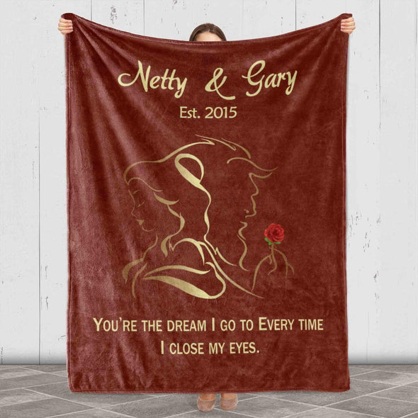 LOVE STORY UNFOLDED: BEAUTY AND BEAST BLANKET WITH CUSTOM COUPLES NAMES & EST. DATE - IDEAL FOR BIRTHDAY, ANNIVERSARY, AND VALENTINE'S DAY - GIFT FOR HIM/HER