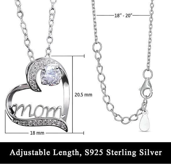 925 Sterling Silver Heart Mom Necklace for Women - Celebrate Women's Day with Mom, Elegant Cubic Zirconia Pendant, Ideal for Mother's Day & Birthdays