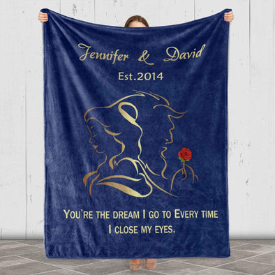 LOVE STORY UNFOLDED: BEAUTY AND BEAST BLANKET WITH CUSTOM COUPLES NAMES & EST. DATE - IDEAL FOR BIRTHDAY, ANNIVERSARY, AND VALENTINE'S DAY - GIFT FOR HIM/HER