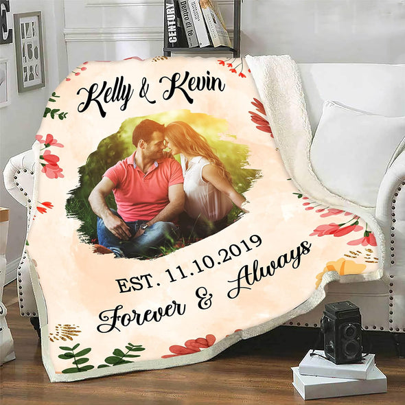 Photo Blanket, Romantic Present for Couples, Forever and always Personalized with Photo Names and EST, Perfect for Birthdays, Anniversaries, Valentine's Day, Silky Smooth Warm Blanket