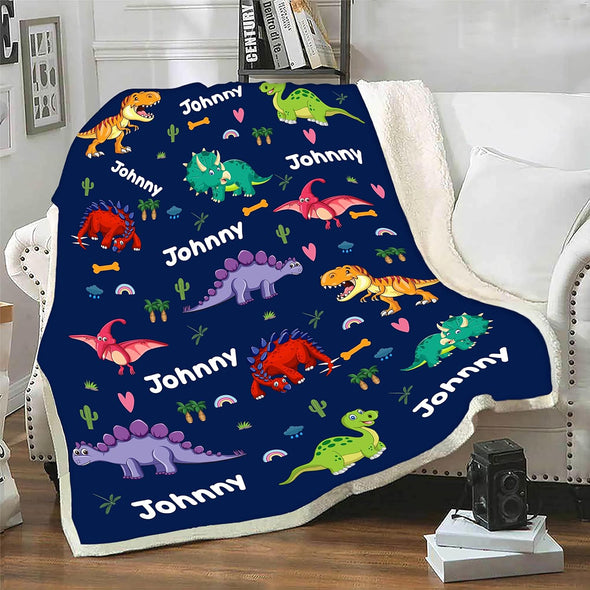 Customized Name Blanket for Kids, Cartoon Dinosaur Design from Family, Friends, Relatives, Gift for Birthday, Thanksgiving, Christmas, Festivals, Proudly Shipped from USA Fleece or Sherpa Blanket