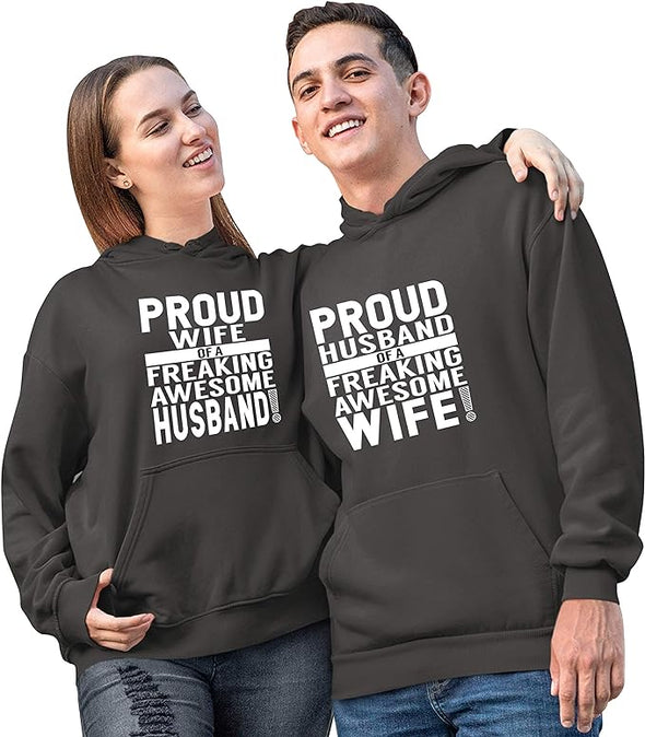 Proud Wife Husband, Cotton Hoodies For Couples, kangaroo pocket