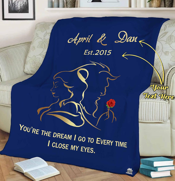 LOVE STORY UNFOLDED: BEAUTY AND BEAST BLANKET WITH CUSTOM COUPLES NAMES & EST. DATE - IDEAL FOR BIRTHDAY, ANNIVERSARY, AND VALENTINE'S DAY - GIFT FOR HIM/HER