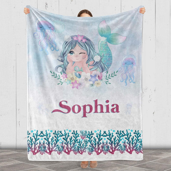 Customized Name Blanket for Kids, Cartoon Mermaid Design from Family, Friends, Relatives, Gift for Birthday, Thanksgiving, Christmas, Festivals, Proudly Shipped from USA Fleece or Sherpa Blanket
