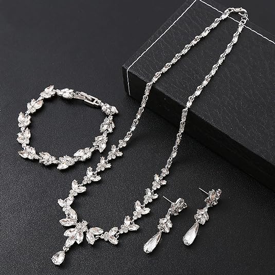 3 pcs Jewelry Set for Women, Wedding Necklace Earrings Bracelet Set, Jewelry Set with White AAA Cubic Zirconia, Allergy Free Wedding Party Jewelry for Bridal Bridesmaid