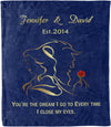 LOVE STORY UNFOLDED: BEAUTY AND BEAST BLANKET WITH CUSTOM COUPLES NAMES & EST. DATE - IDEAL FOR BIRTHDAY, ANNIVERSARY, AND VALENTINE'S DAY - GIFT FOR HIM/HER